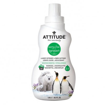Attitude, 2 w 1 Płyn do prania i płukania Górska Świeżość (Mountain Essentials) 35 prań - 1040 ml